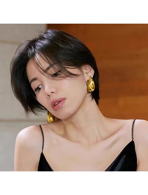 Diowus Tear Drop Earrings for Women, Chunky Gold Hoop Polishing Hypoallergenic Lightweight Waterdrop Trending Oversized Hollow Open Hoops Dupes Girl Jewelry