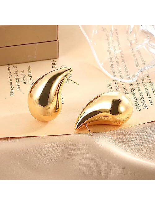 Diowus Tear Drop Earrings for Women, Chunky Gold Hoop Polishing Hypoallergenic Lightweight Waterdrop Trending Oversized Hollow Open Hoops Dupes Girl Jewelry
