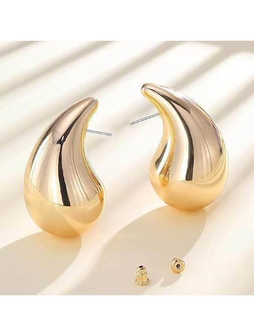Diowus Tear Drop Earrings for Women, Chunky Gold Hoop Polishing Hypoallergenic Lightweight Waterdrop Trending Oversized Hollow Open Hoops Dupes Girl Jewelry