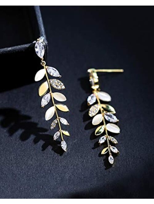 Jewelryland 14K Gold Plated Olive Branch Leaf Cubic Zironia Cat Eye Dangle Earrings