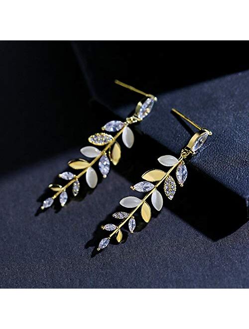 Jewelryland 14K Gold Plated Olive Branch Leaf Cubic Zironia Cat Eye Dangle Earrings