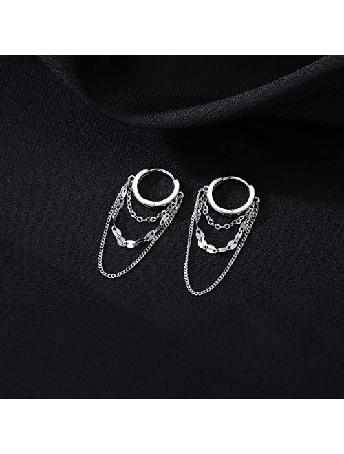 Reffeer Solid 925 Sterling Silver Chain Drop Earrings Hoop for Women Teen Girls Hoop Earrings Tassel Chain Huggie Dangle Earrings