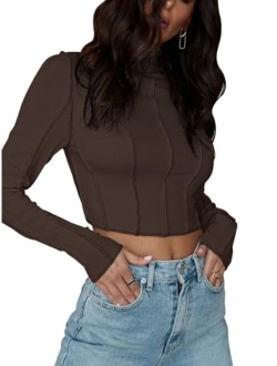 Women's Casual Mock Turtleneck Long Sleeve Exposed Seams Ribbed Knit T Shirt Going Out Crop Tops