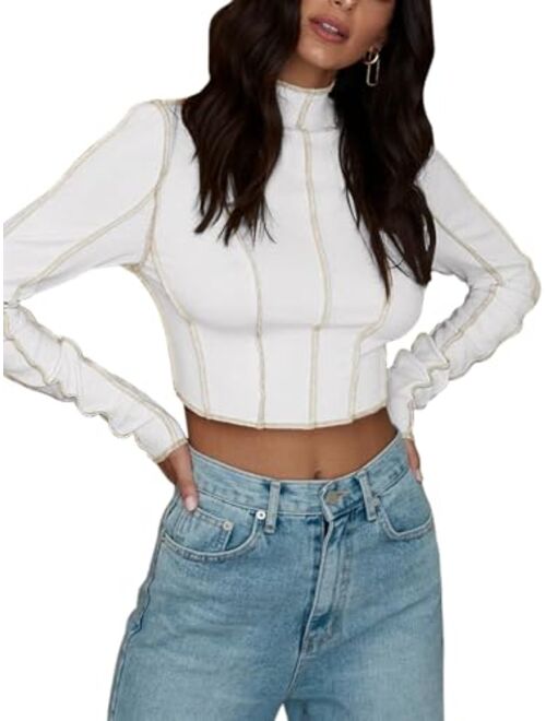 REORIA Women's Casual Mock Turtleneck Long Sleeve Exposed Seams Ribbed Knit T Shirt Going Out Crop Tops