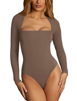 Womens Sexy Square Neck Double Lined Seamless Shirt Stretchy Long Sleeve Bodysuit Tops