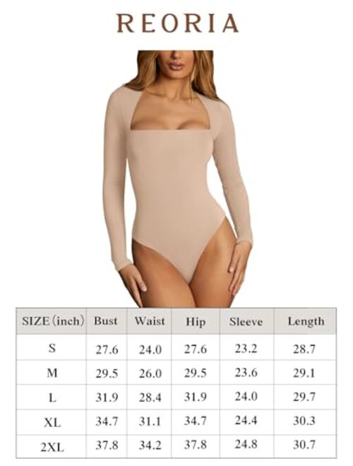 REORIA Womens Sexy Square Neck Double Lined Seamless Shirt Stretchy Long Sleeve Bodysuit Tops
