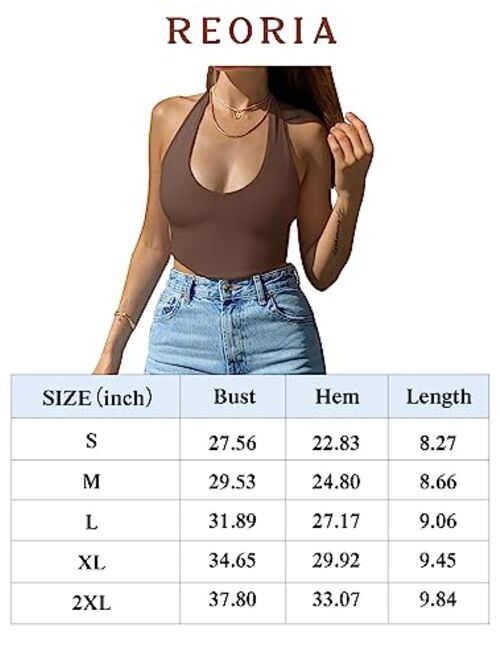 REORIA Womens Sexy Halter Neck V Hem Double Lined Seamless Backless Sleeveless Going Out Trendy Crop Tank Tops