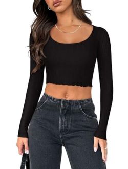 Women's Sexy Square Neck Long Sleeve Stretchy Mesh Basic Tee Tops Knit Slim Fitted Y2k Going Out Crop Top