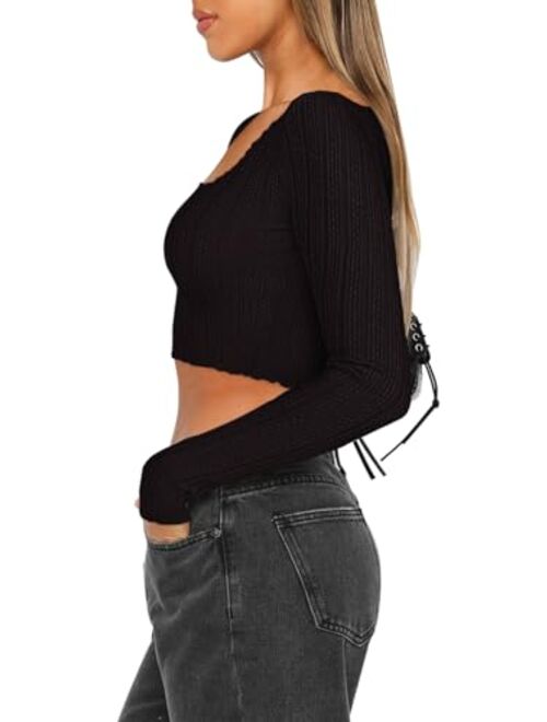 REORIA Women's Sexy Square Neck Long Sleeve Stretchy Mesh Basic Tee Tops Knit Slim Fitted Y2k Going Out Crop Top