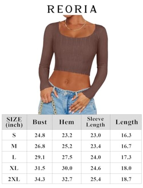 REORIA Women's Sexy Square Neck Long Sleeve Stretchy Mesh Basic Tee Tops Knit Slim Fitted Y2k Going Out Crop Top