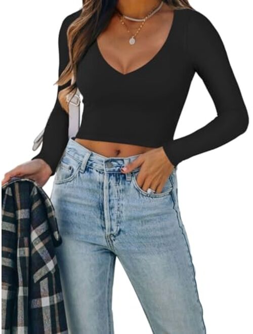 REORIA Womens Sexy Casual V Neck Long Sleeve Double Lined Fitted Going Out T Shirts Crop Tops Tees