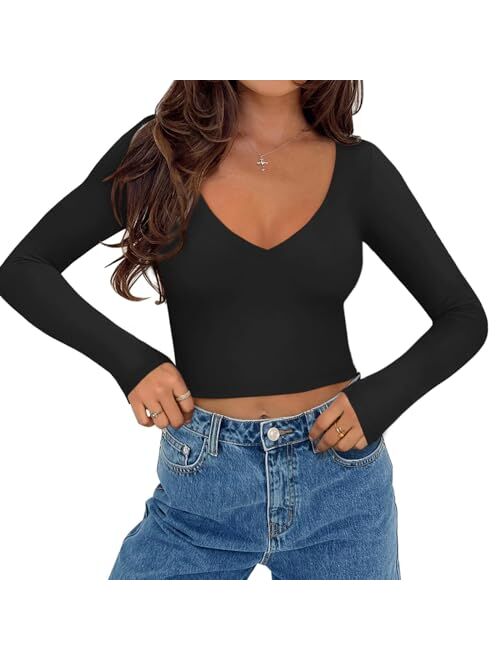 REORIA Womens Sexy Casual V Neck Long Sleeve Double Lined Fitted Going Out T Shirts Crop Tops Tees