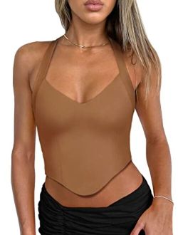 Women's Summer Sexy Halter V Neck Sleeveless Backless Y2K Going Out Crop Tank Tops