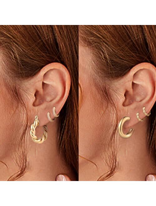 HILXURY 6 Pairs Gold Hoop Earrings for Women, 14K Gold Plated Chunky Huggie Hoop Earrings Set Hypoallergenic, Lightweight Twisted Open Hoops Jewelry for Christmas/Birthda