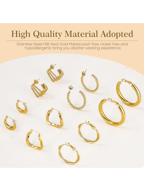 Sikegi Hoop Earrings Set for Women, 6 Pairs Stainless Steel Earrings Hypoallergenic Lightweight Hoop Earrings for Christmas Gift