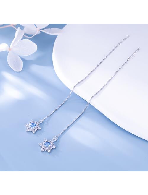 SLUYNZ Solid 925 Sterling Silver Blue Crystal Snowflake Dangle Earrings Chain for Women Teen Girls Snowflake Dangling Earrings Threader Tassel Christmas Gifts