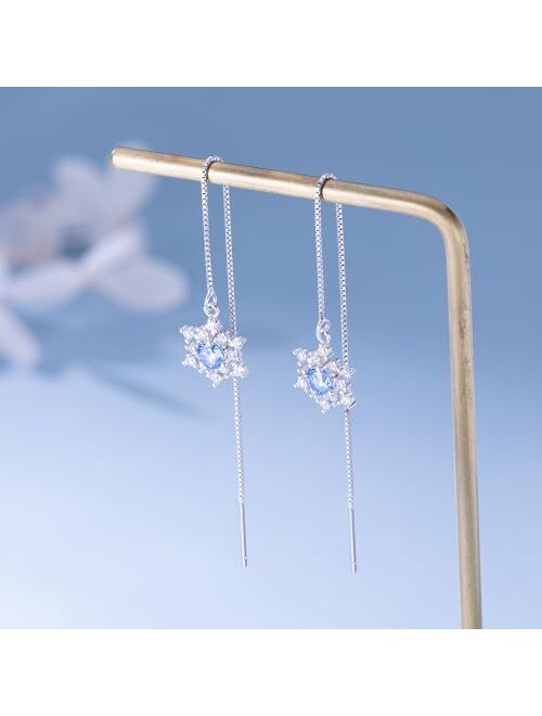 SLUYNZ Solid 925 Sterling Silver Blue Crystal Snowflake Dangle Earrings Chain for Women Teen Girls Snowflake Dangling Earrings Threader Tassel Christmas Gifts
