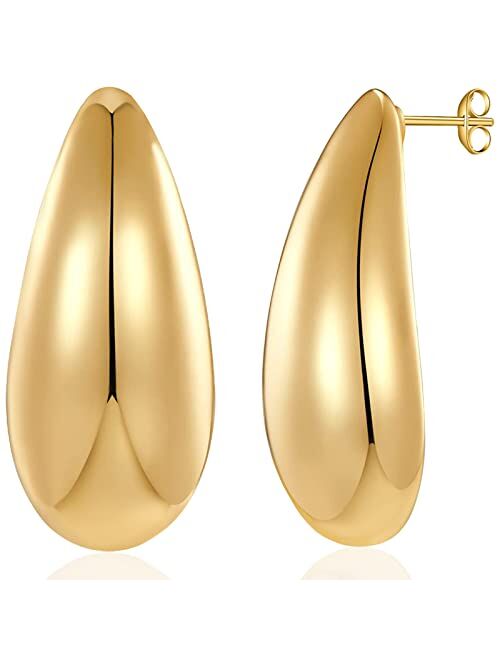 Dvacaman Chunky Gold Hoop Earrings for Women, Lightweight Teardrop Hoops Earrings with 18K Real Gold Plated, Hypoallergenic Earrings Waterdrop Hollow Open Jewelry for Wom