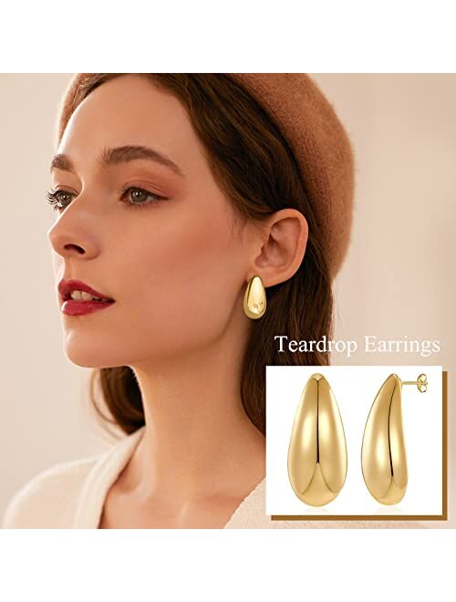Dvacaman Chunky Gold Hoop Earrings for Women, Lightweight Teardrop Hoops Earrings with 18K Real Gold Plated, Hypoallergenic Earrings Waterdrop Hollow Open Jewelry for Wom