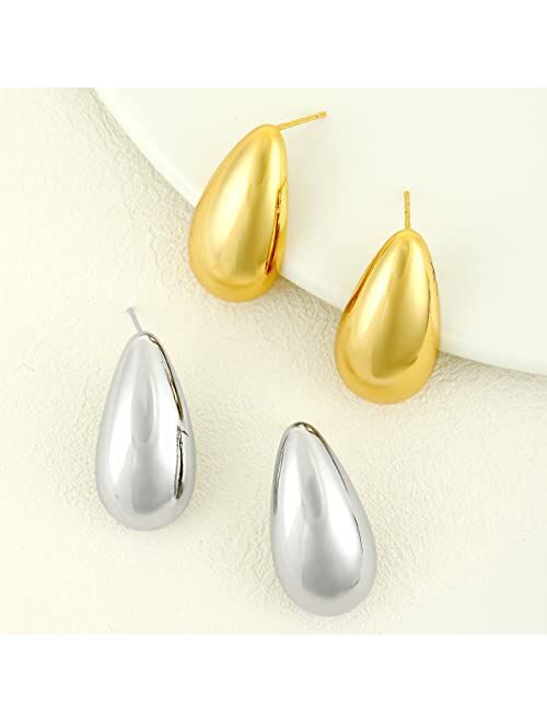 Dvacaman Chunky Gold Hoop Earrings for Women, Lightweight Teardrop Hoops Earrings with 18K Real Gold Plated, Hypoallergenic Earrings Waterdrop Hollow Open Jewelry for Wom