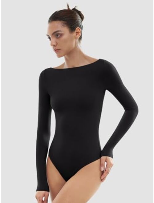 REORIA Women's Casual Boat Neck Double Lined Long Sleeve T Shirts Slimming Thong Bodysuit Tops