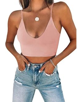 Women's Sexy Scoop Neck Adjustable Spaghetti Strap Double Lined Seamless Camisole Tank Yoga Crop Tops