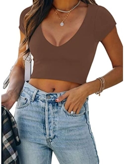 Womens Sexy Casual V Neck Short Sleeve Double Lined Tight T Shirts Crop Tops Tees