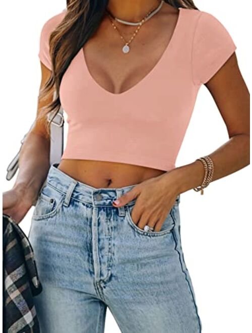 REORIA Womens Sexy Casual V Neck Short Sleeve Double Lined Tight T Shirts Crop Tops Tees