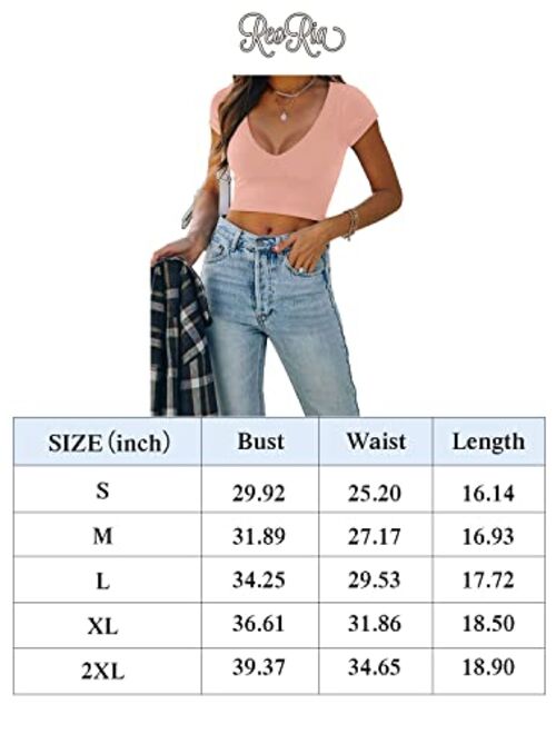 REORIA Womens Sexy Casual V Neck Short Sleeve Double Lined Tight T Shirts Crop Tops Tees