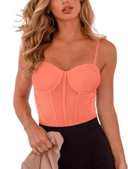 Women's Sexy Mesh Sheer Spaghetti Strap Going Out Slimming Bustier Corset Bodysuit With Built In Bra