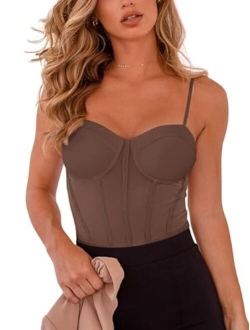 Women's Sexy Mesh Sheer Spaghetti Strap Going Out Slimming Bustier Corset Bodysuit With Built In Bra