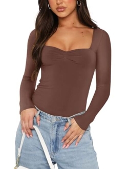 Women's Sexy Ruched Sweetheart Neck Long Sleeve Y2K Trendy Double Lined Going Out Bodysuit Tops