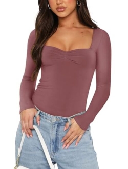 Women's Sexy Ruched Sweetheart Neck Long Sleeve Y2K Trendy Double Lined Going Out Bodysuit Tops