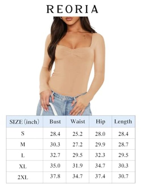 REORIA Women's Sexy Ruched Sweetheart Neck Long Sleeve Y2K Trendy Double Lined Going Out Bodysuit Tops