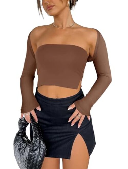 REORIA Women's Sexy Backless Long Sleeve Ribbed Knit Cardigan Open Front Bolero Shrug Crop Tops