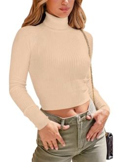 Womens Fall Fashion Mock Turtle Neck Long Sleeve Tight Ribbed Tops Cropped Sweaters Pullovers