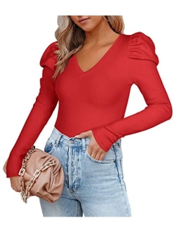 Womens Casual V Neck Puff Long Sleeve Ribbed Slimming Thong Bodysuit Tops