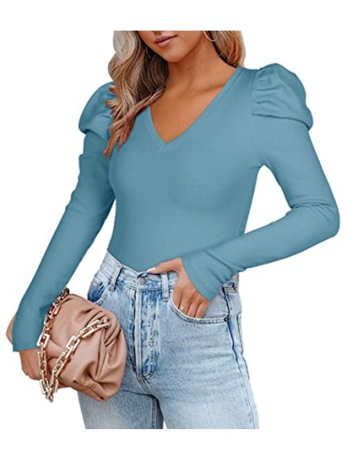REORIA Womens Casual V Neck Puff Long Sleeve Ribbed Slimming Thong Bodysuit Tops