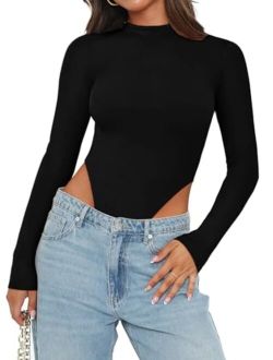 Women's Sexy Mock Turtleneck High Cut Double Lined Long Sleeve Slimming Bodysuits Tops
