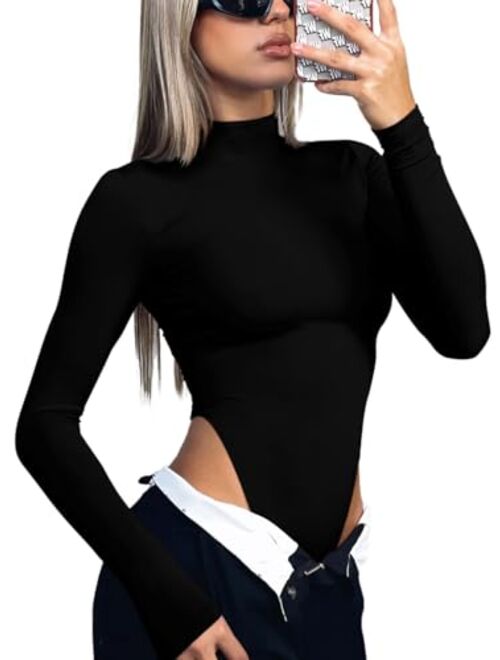 REORIA Women's Sexy Mock Turtleneck High Cut Double Lined Long Sleeve Slimming Bodysuits Tops