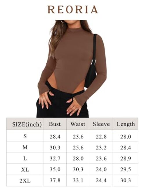 REORIA Women's Sexy Mock Turtleneck High Cut Double Lined Long Sleeve Slimming Bodysuits Tops