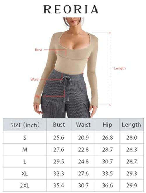 REORIA Womens Sexy Deep Scoop Neck Long Sleeve Bodysuit Slimming Ribbed Going Out T Shirt Tops