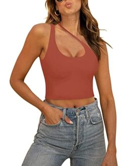 Women's Sexy One Shoulder Cut Out Backless Sleeveless Going Out Trendy Crop Tank Tops