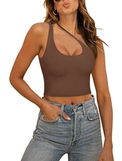 Women's Sexy One Shoulder Cut Out Backless Sleeveless Going Out Trendy Crop Tank Tops