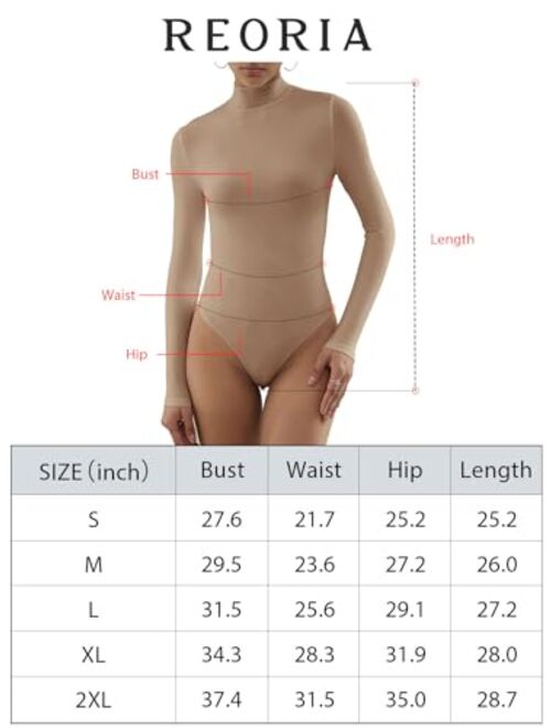 REORIA Womens Fashion Mock Turtle Neck Long Sleeve Double Lined Slimming Shirt Going Out Thong Bodysuits Tops
