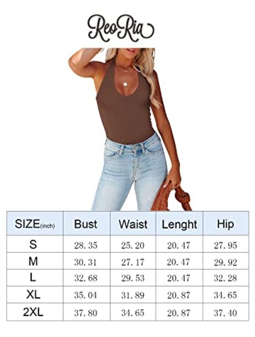 REORIA Women's Sexy Casual Halter V Neck Sleeveless Backless Slimming Y2k Tank Top Bodysuits