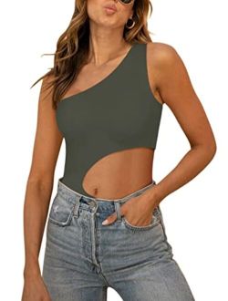Womens Sexy One Shoulder Cutout Waist Double Lined Sleeveless Going Out Tank Top Bodysuits