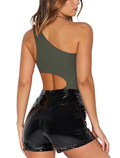 REORIA Womens Sexy One Shoulder Cutout Waist Double Lined Sleeveless Going Out Tank Top Bodysuits