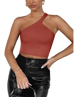 Womens Sexy One Shoulder Double Lined Seamless Backless Sleeveless Going Out Trendy Crop Tank Tops