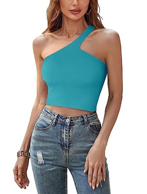 REORIA Womens Sexy One Shoulder Double Lined Seamless Backless Sleeveless Going Out Trendy Crop Tank Tops